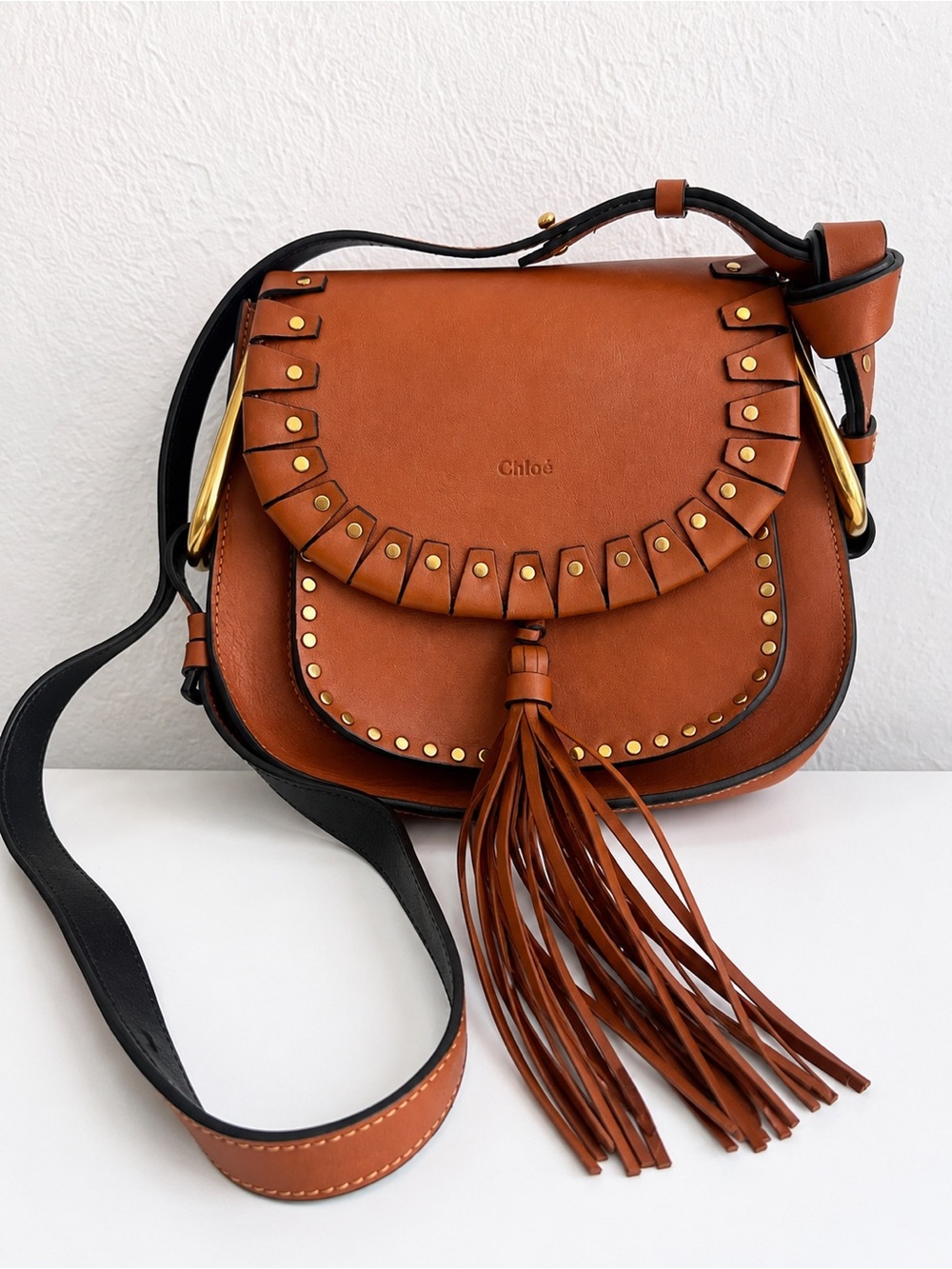 CHLOE Hudson Leather Fringe Crossbody Shoulder Bag Tassel Studded Caramel Italy